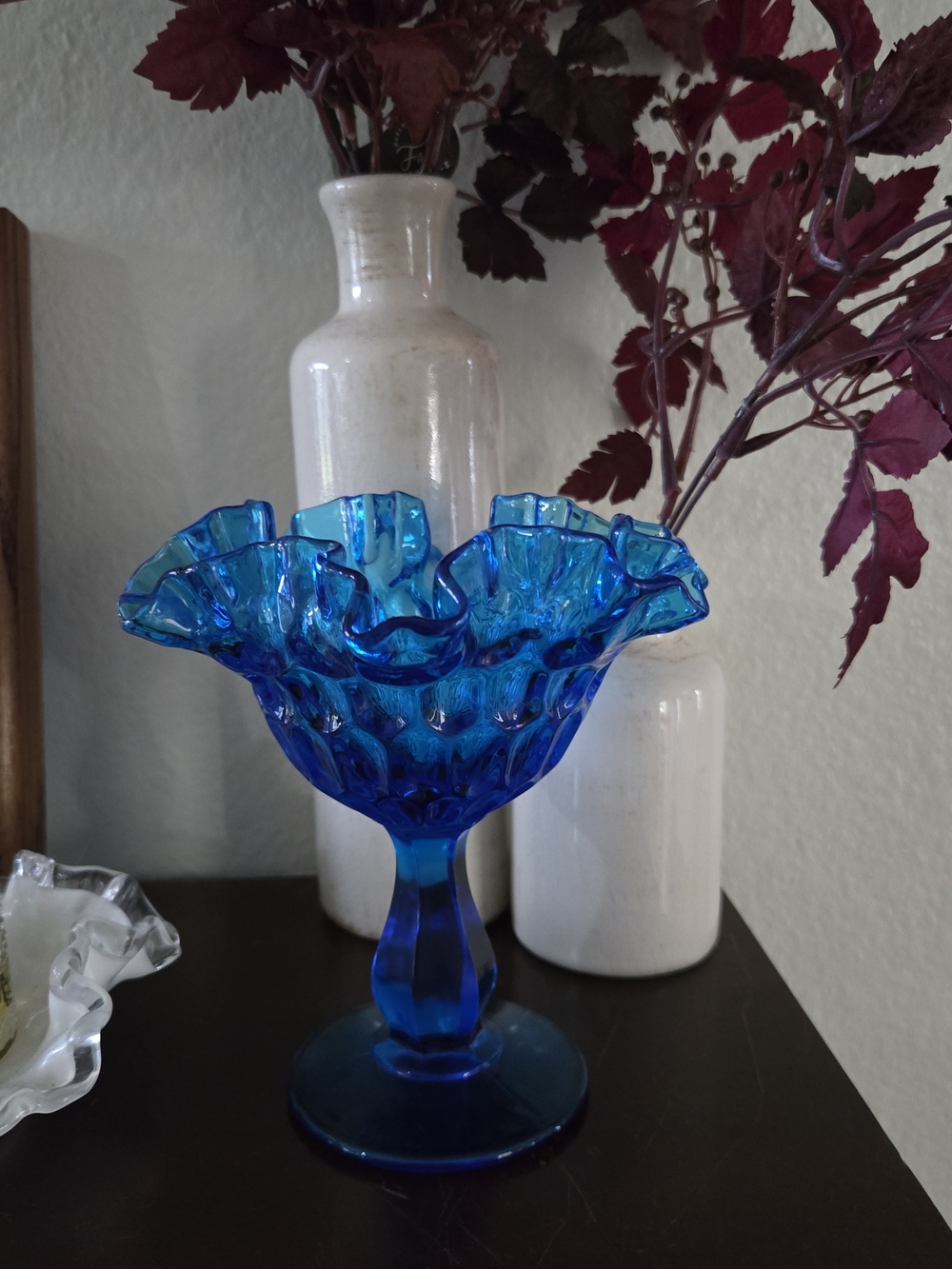 Vintage Fenton Colonial Blue Thumbprint Ruffled Compote